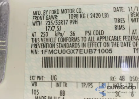 2014 Ford Escape Se from USA, damaged, VIN 1FMCU0GX7EUB71005
